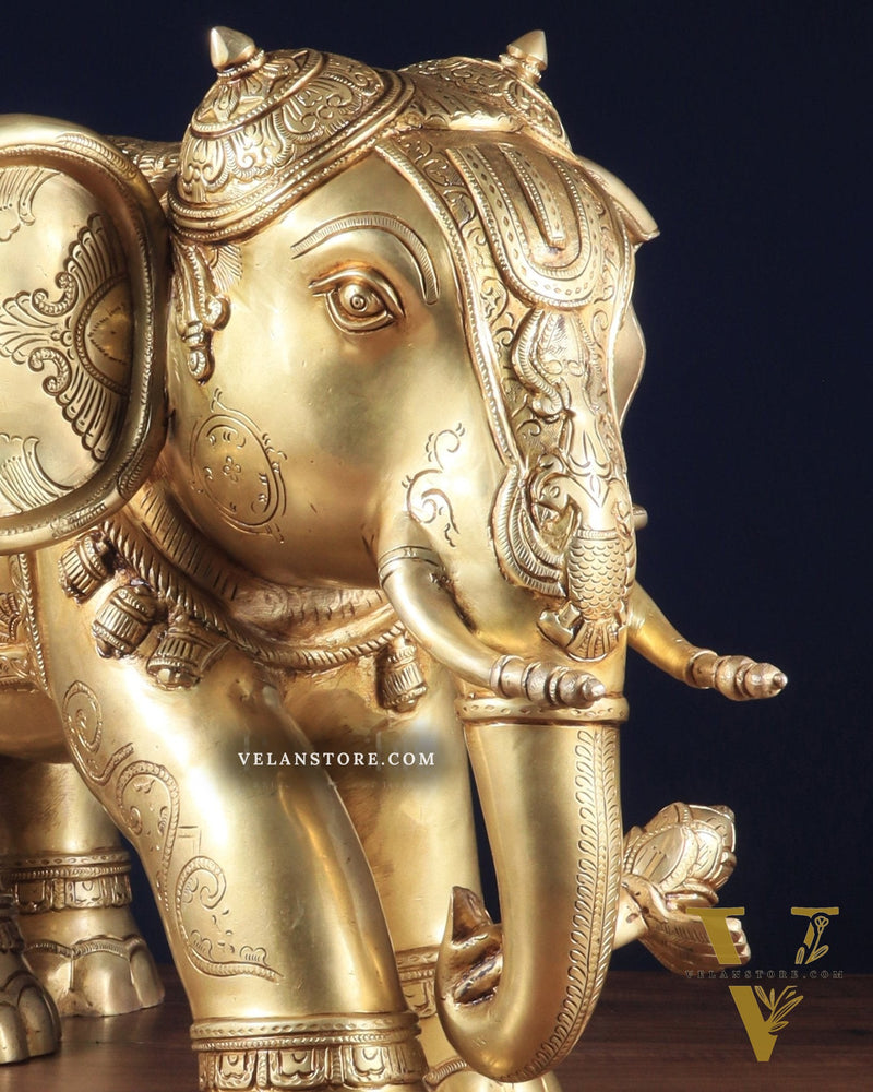 Pure Brass Large Elephant Statue with Enhanced Carvings 26"