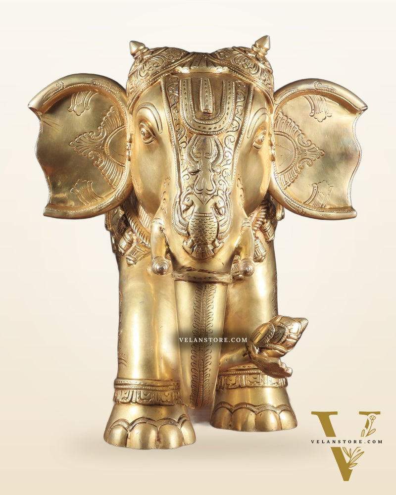 Pure Brass Large Elephant Statue with Enhanced Carvings 26"