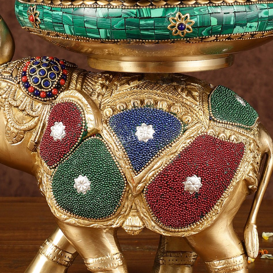 Pure Brass Large Elephant Urli with Meenakari Work | Height: 9.5 inch