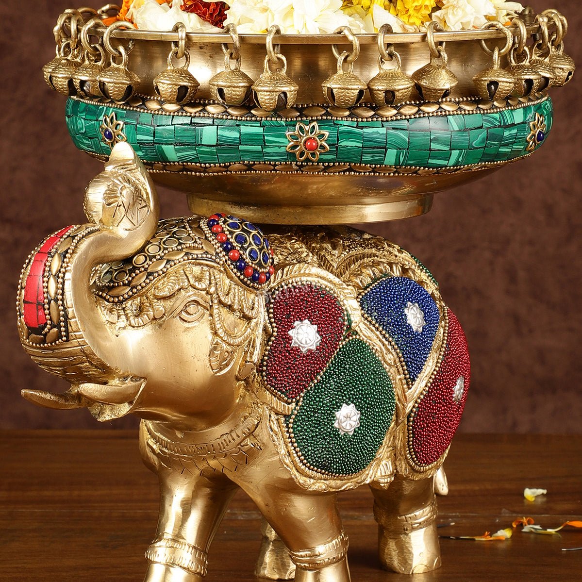 Pure Brass Large Elephant Urli with Meenakari Work | Height: 9.5 inch