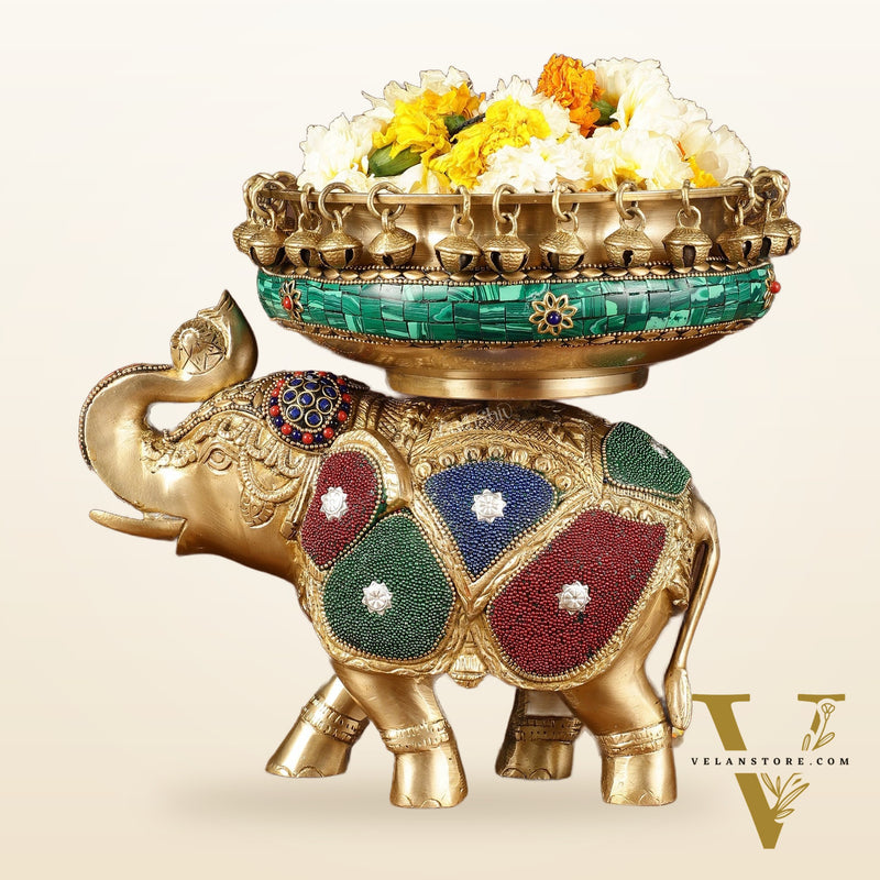 Pure Brass Large Elephant Urli with Meenakari Work | Height: 9.5 inch