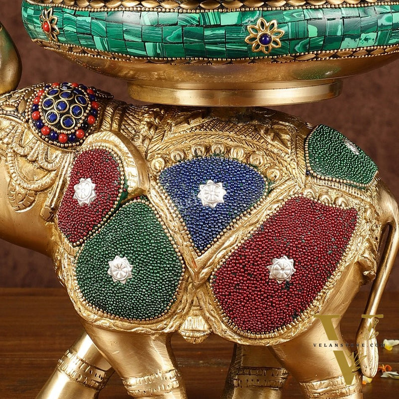 Pure Brass Large Elephant Urli with Meenakari Work | Height: 9.5 inch