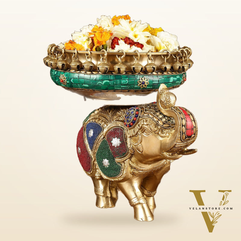Pure Brass Large Elephant Urli with Meenakari Work | Height: 9.5 inch