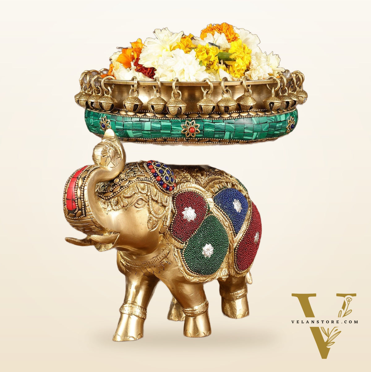 Pure Brass Large Elephant Urli with Meenakari Work | Height: 9.5 inch
