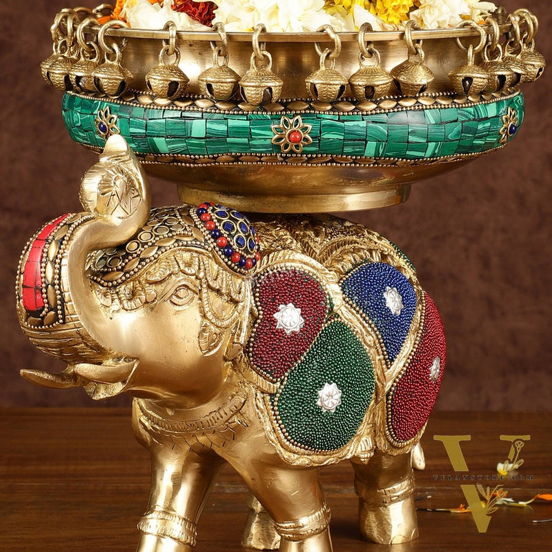 Pure Brass Large Elephant Urli with Meenakari Work | Height: 9.5 inch