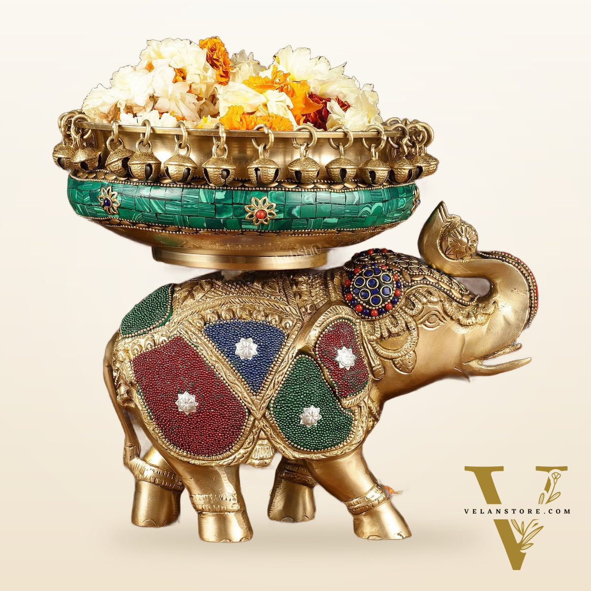 Pure Brass Large Elephant Urli with Meenakari Work | Height: 9.5 inch
