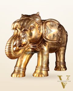 Pure Brass Large Elephant with trunk up Statue with Enhanced Carvings 26"
