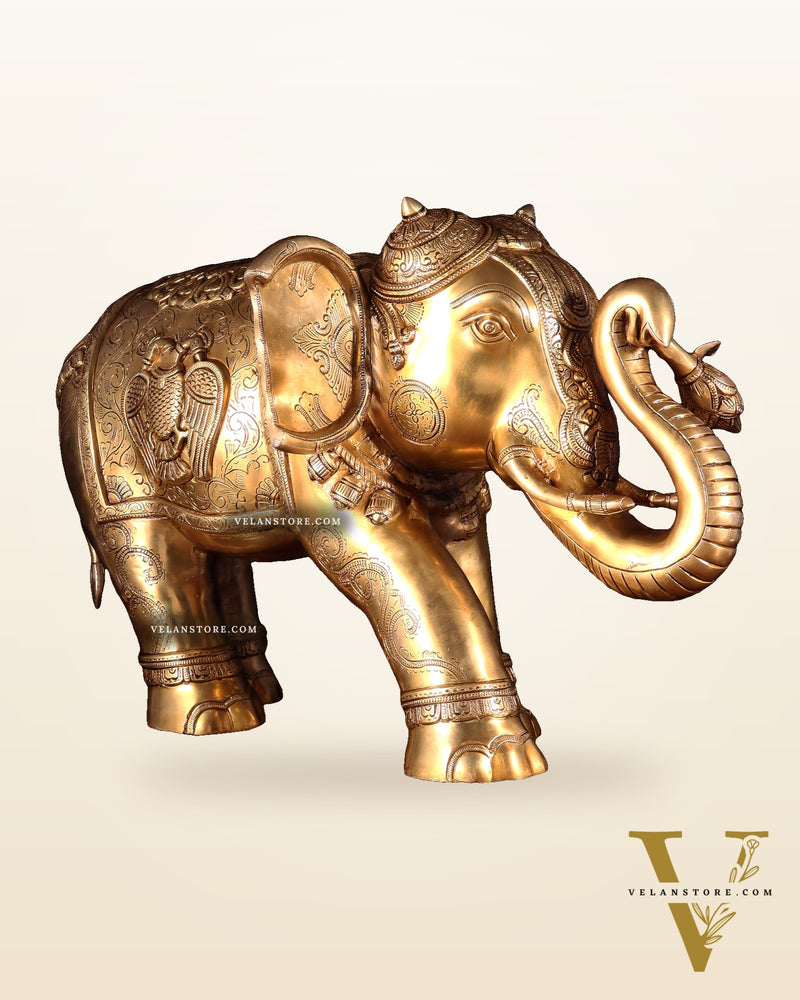 Pure Brass Large Elephant with trunk up Statue with Enhanced Carvings 26"