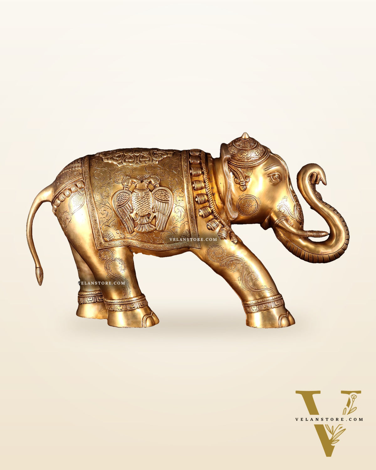 Pure Brass Large Elephant with trunk up Statue with Enhanced Carvings 26"