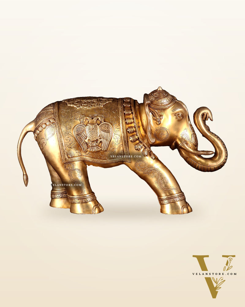 Pure Brass Large Elephant with trunk up Statue with Enhanced Carvings 26"