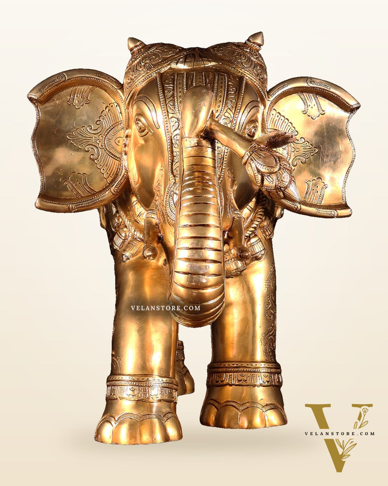 Pure Brass Large Elephant with trunk up Statue with Enhanced Carvings 26"