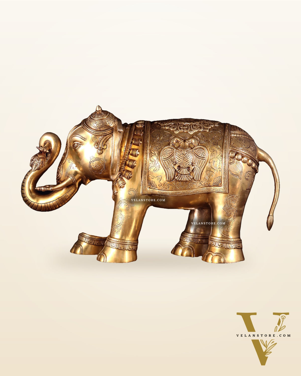 Pure Brass Large Elephant with trunk up Statue with Enhanced Carvings 26"