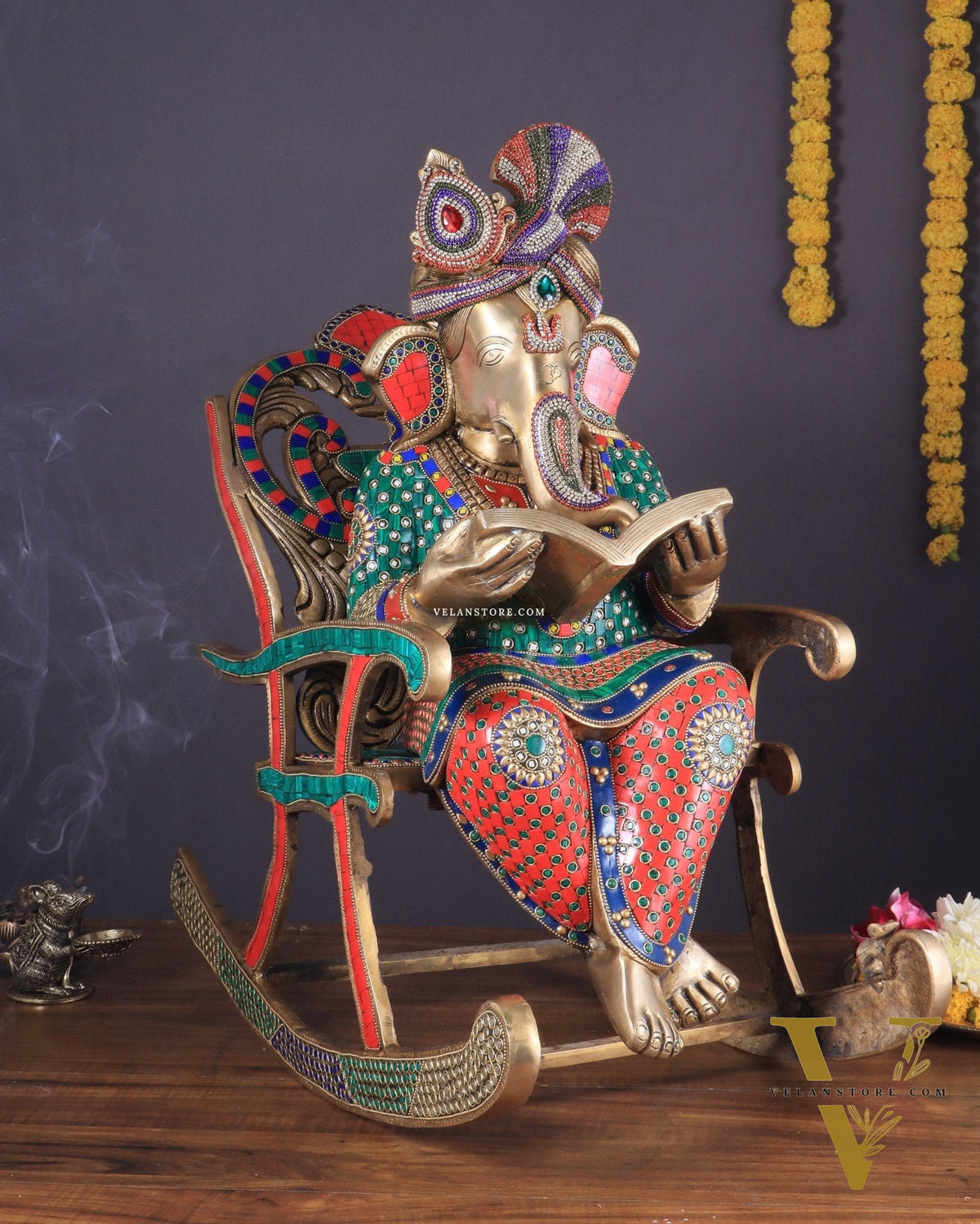 Pure Brass Large Ganesha Seated on Chair Reading Book | 24" meenakari
