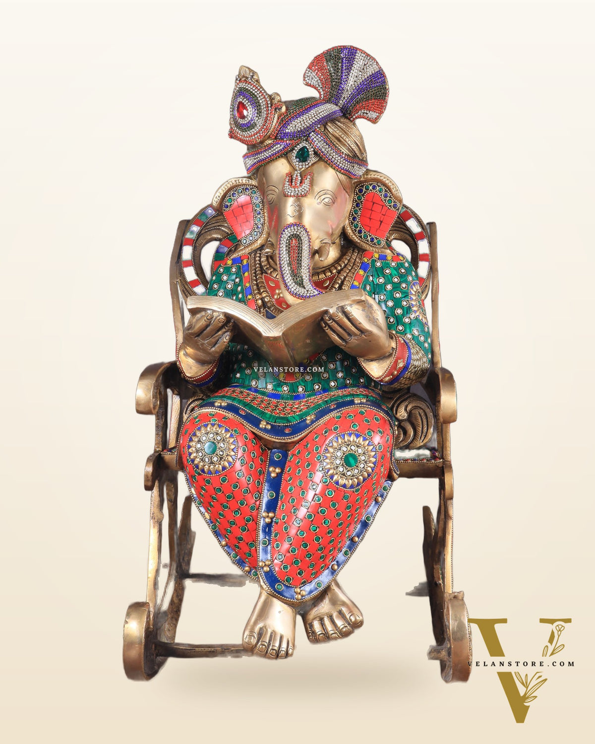Pure Brass Large Ganesha Seated on Chair Reading Book | 24" meenakari