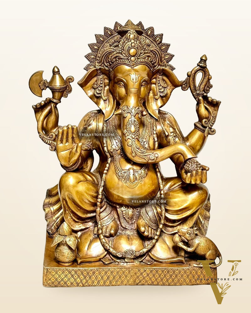 Pure Brass Large Ganesha Statue Sitting on Lotus with Sturdy Square Base 31 inch