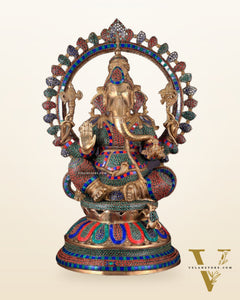 Pure Brass Large Ganesha Statue with Meenakari Stonework – 27" Tall