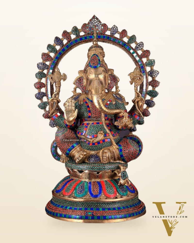 Pure Brass Large Ganesha Statue with Meenakari Stonework – 27" Tall
