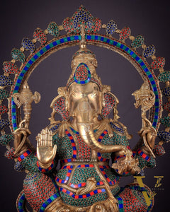 Pure Brass Large Ganesha Statue with Meenakari Stonework – 27" Tall