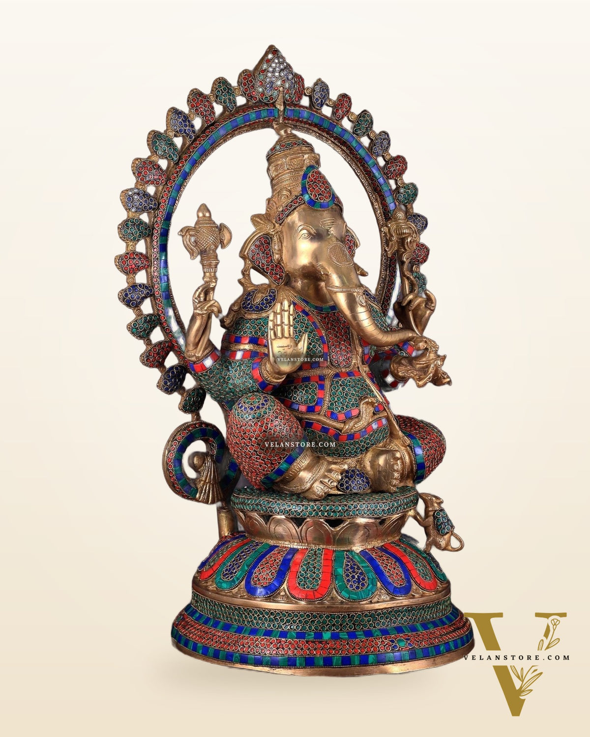 Pure Brass Large Ganesha Statue with Meenakari Stonework – 27" Tall