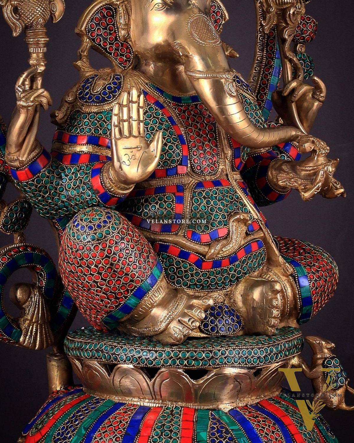 Pure Brass Large Ganesha Statue with Meenakari Stonework – 27" Tall