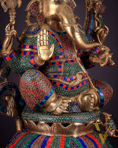 Pure Brass Large Ganesha Statue with Meenakari Stonework – 27" Tall