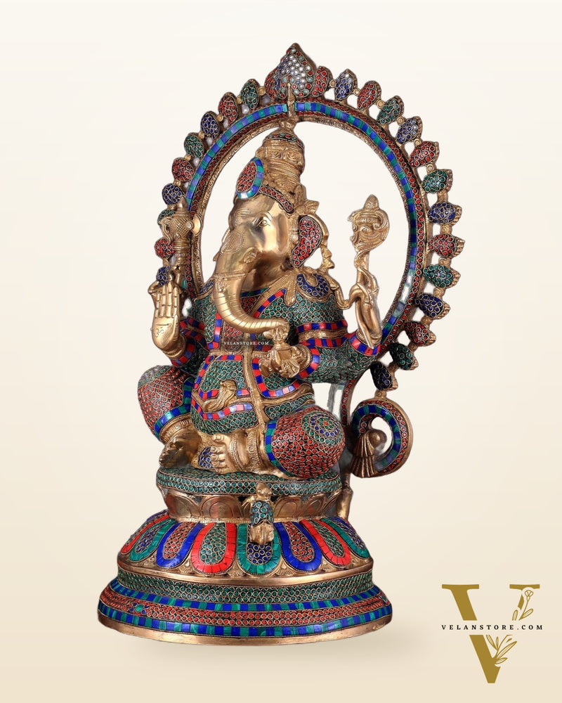 Pure Brass Large Ganesha Statue with Meenakari Stonework – 27" Tall