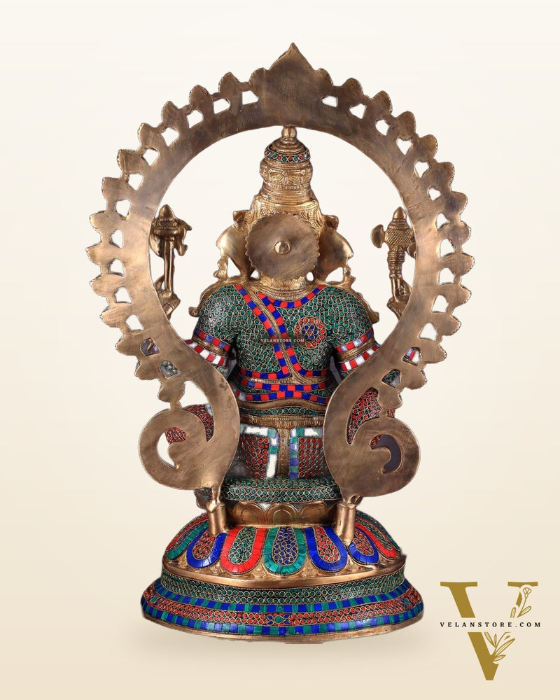 Pure Brass Large Ganesha Statue with Meenakari Stonework – 27" Tall