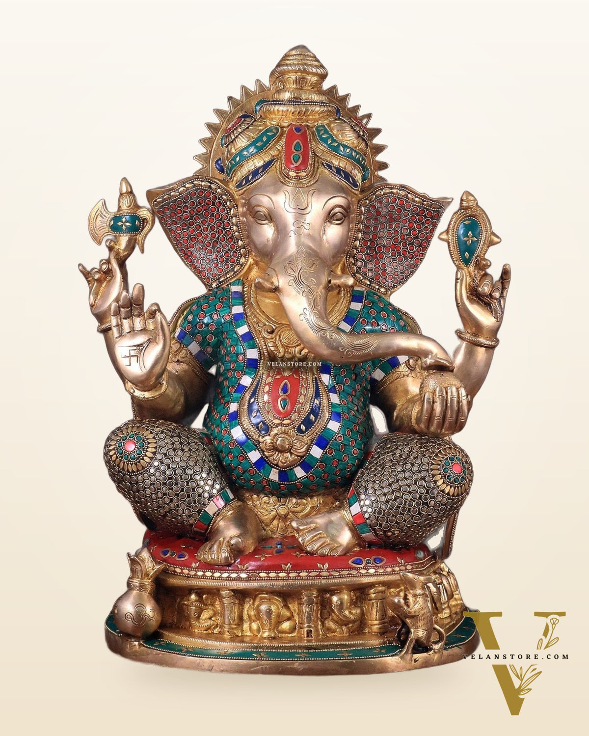 Pure Brass Large Ganesha Statue with Meenakari Stonework and Ashtavinayak Carvings - 22"