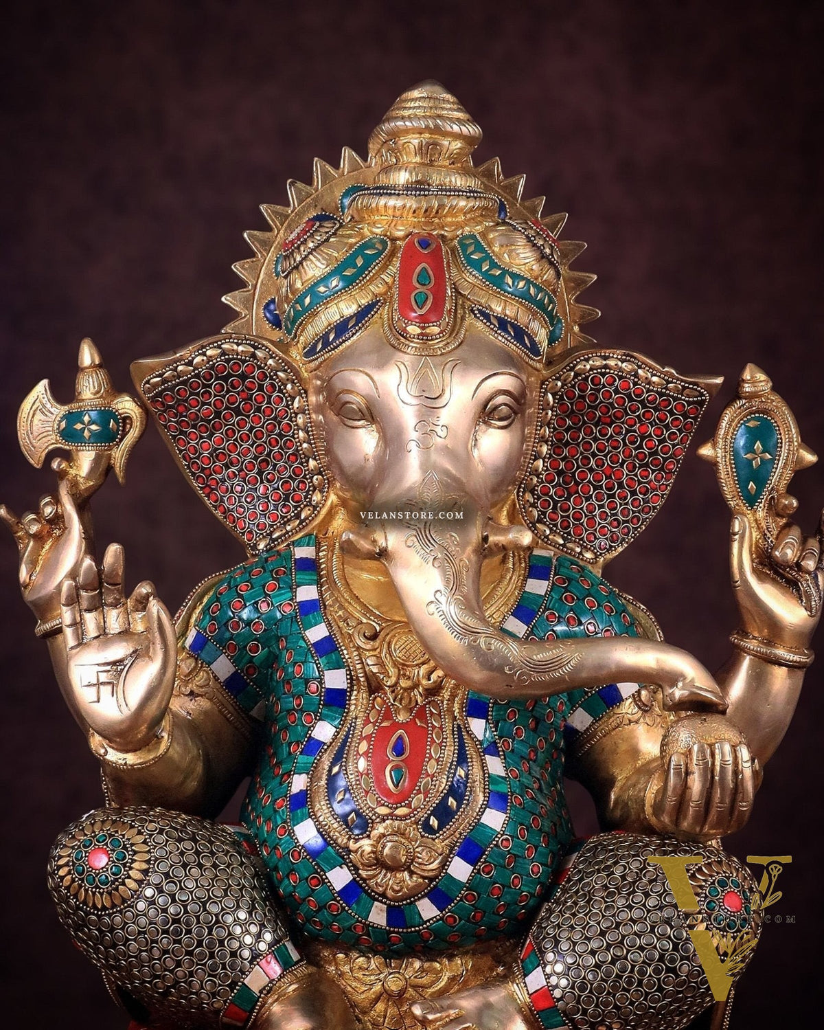 Pure Brass Large Ganesha Statue with Meenakari Stonework and Ashtavinayak Carvings - 22"