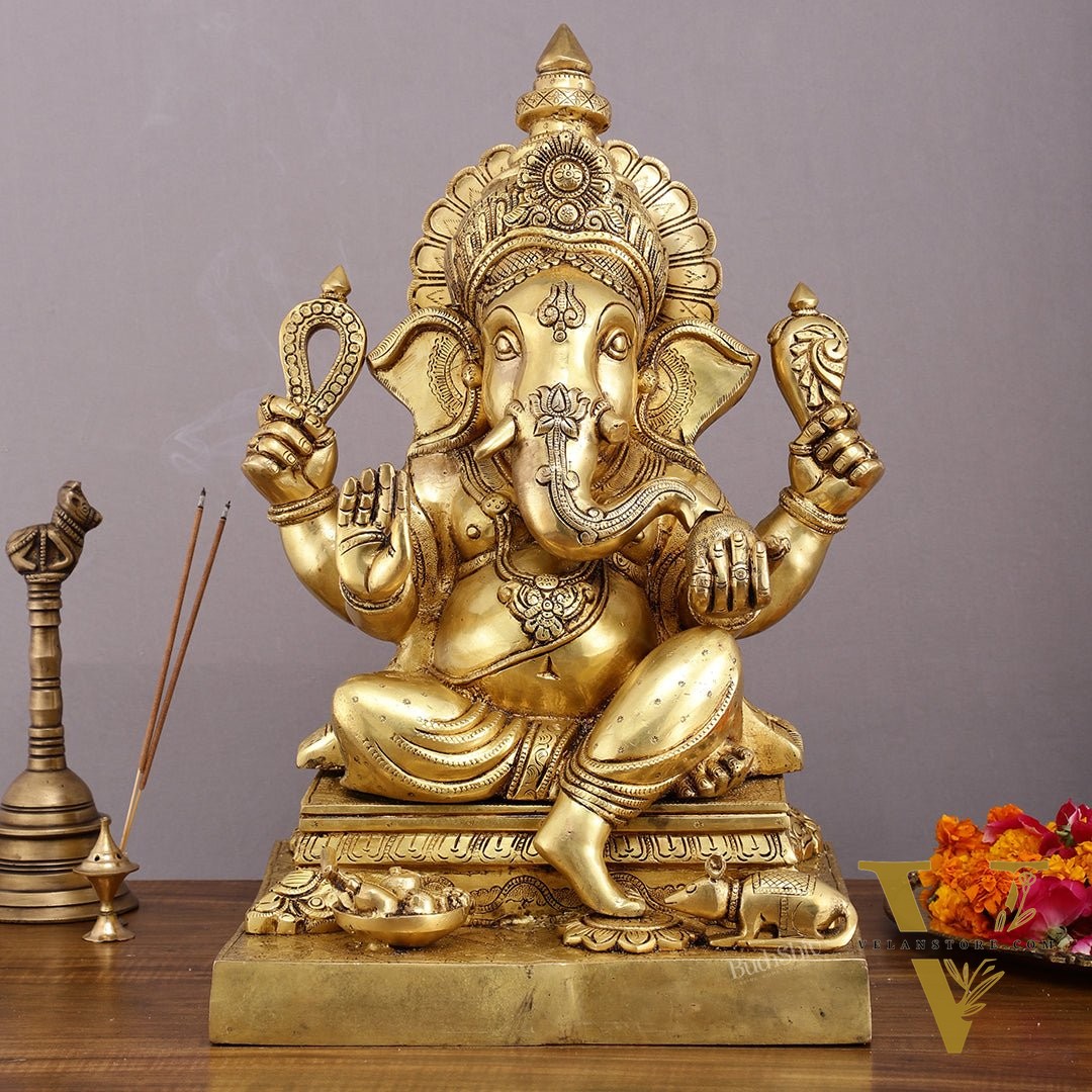 Pure Brass Large Ganesha Statue with Mooshak - 18" Grand Idol