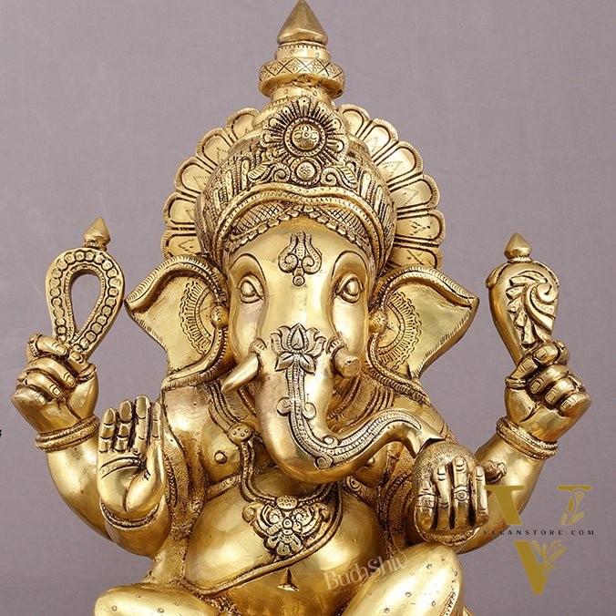 Pure Brass Large Ganesha Statue with Mooshak - 18" Grand Idol