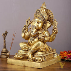 Pure Brass Large Ganesha Statue with Mooshak - 18" Grand Idol