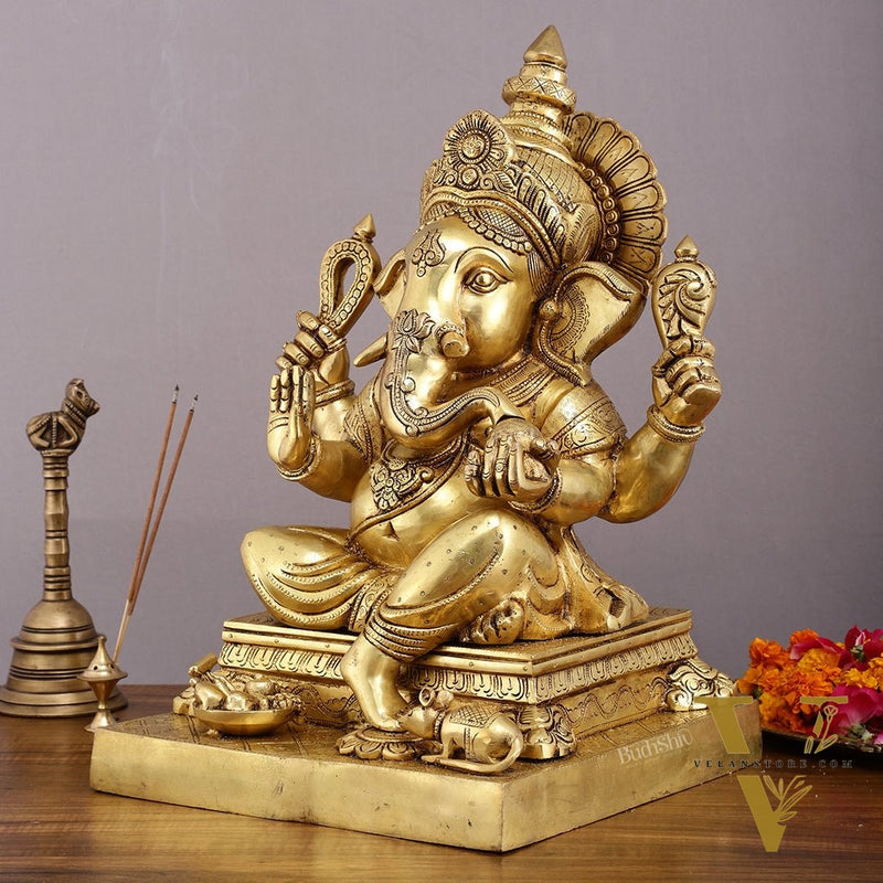 Pure Brass Large Ganesha Statue with Mooshak - 18" Grand Idol