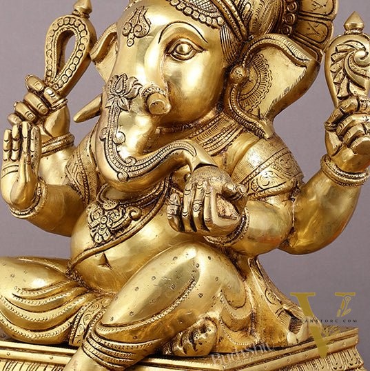 Pure Brass Large Ganesha Statue with Mooshak - 18" Grand Idol