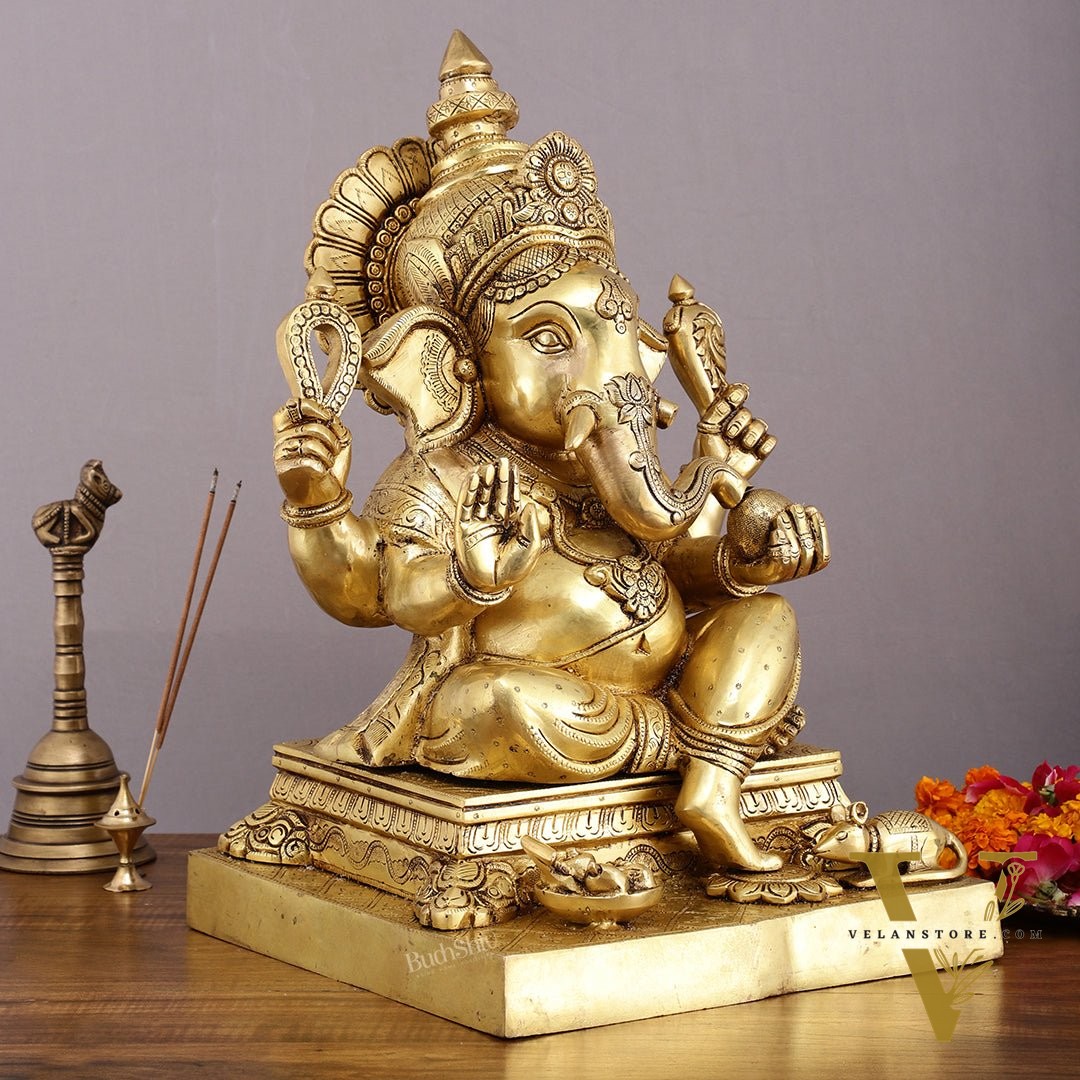 Pure Brass Large Ganesha Statue with Mooshak - 18" Grand Idol