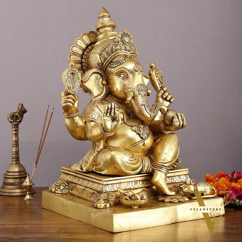 Pure Brass Large Ganesha Statue with Mooshak - 18" Grand Idol
