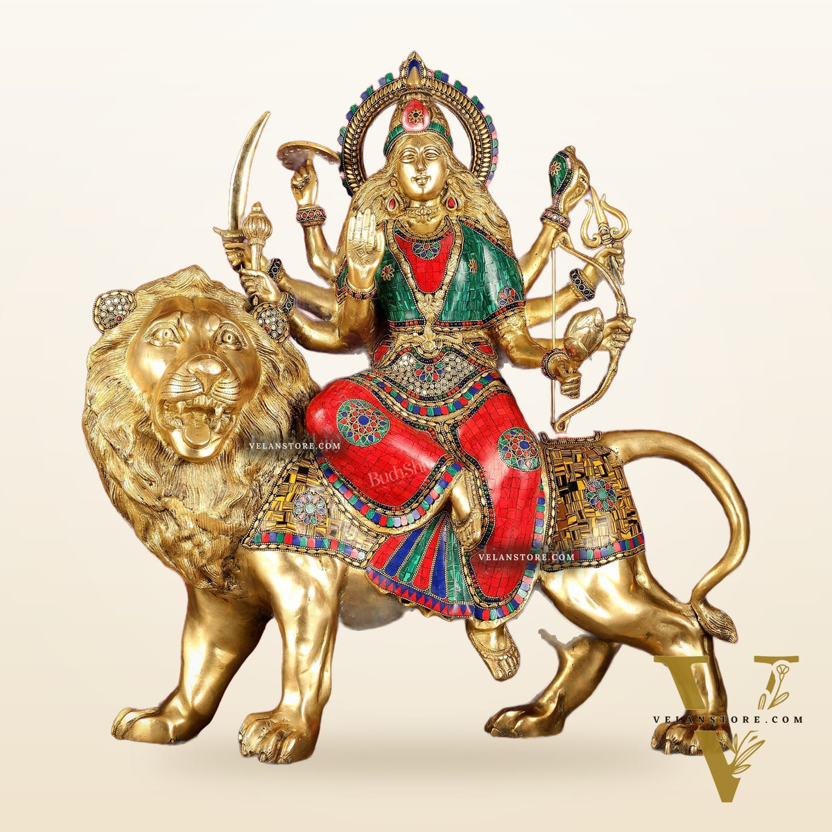 Pure Brass Large Goddess Durga Sherawali Mata Murti - 27 inch