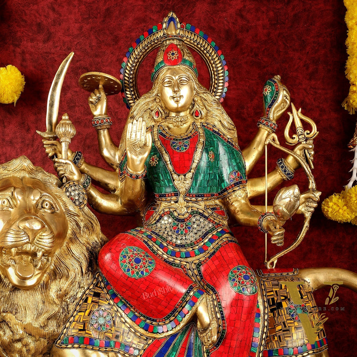 Pure Brass Large Goddess Durga Sherawali Mata Murti - 27 inch