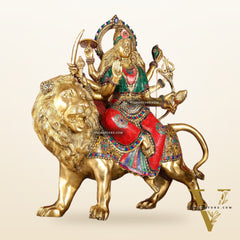 Pure Brass Large Goddess Durga Sherawali Mata Murti - 27 inch