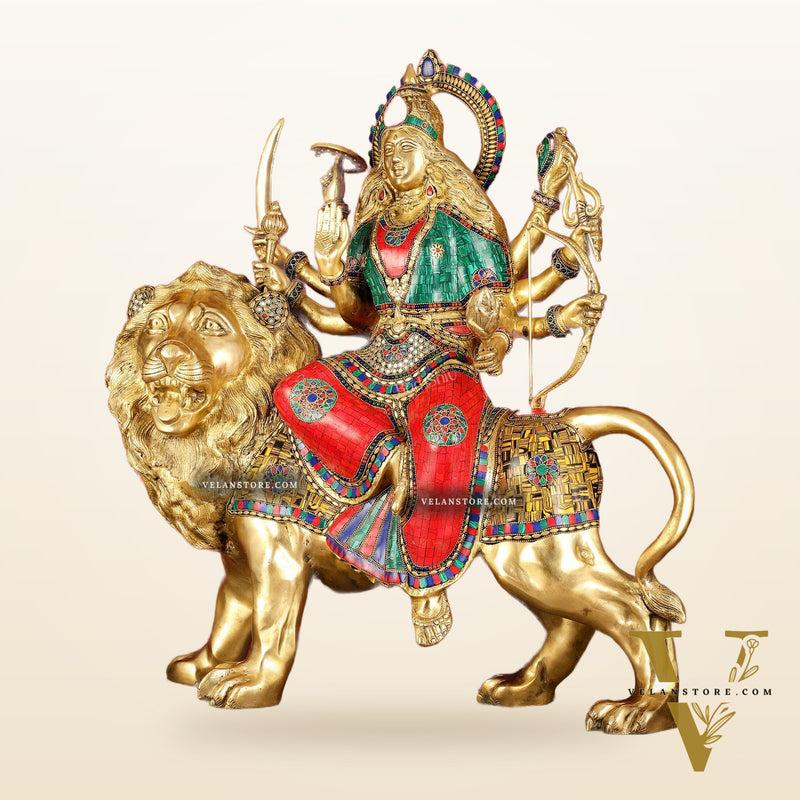 Pure Brass Large Goddess Durga Sherawali Mata Murti - 27 inch