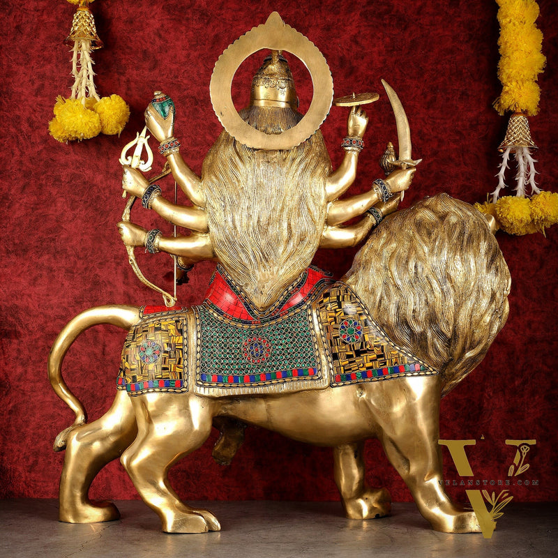 Pure Brass Large Goddess Durga Sherawali Mata Murti - 27 inch
