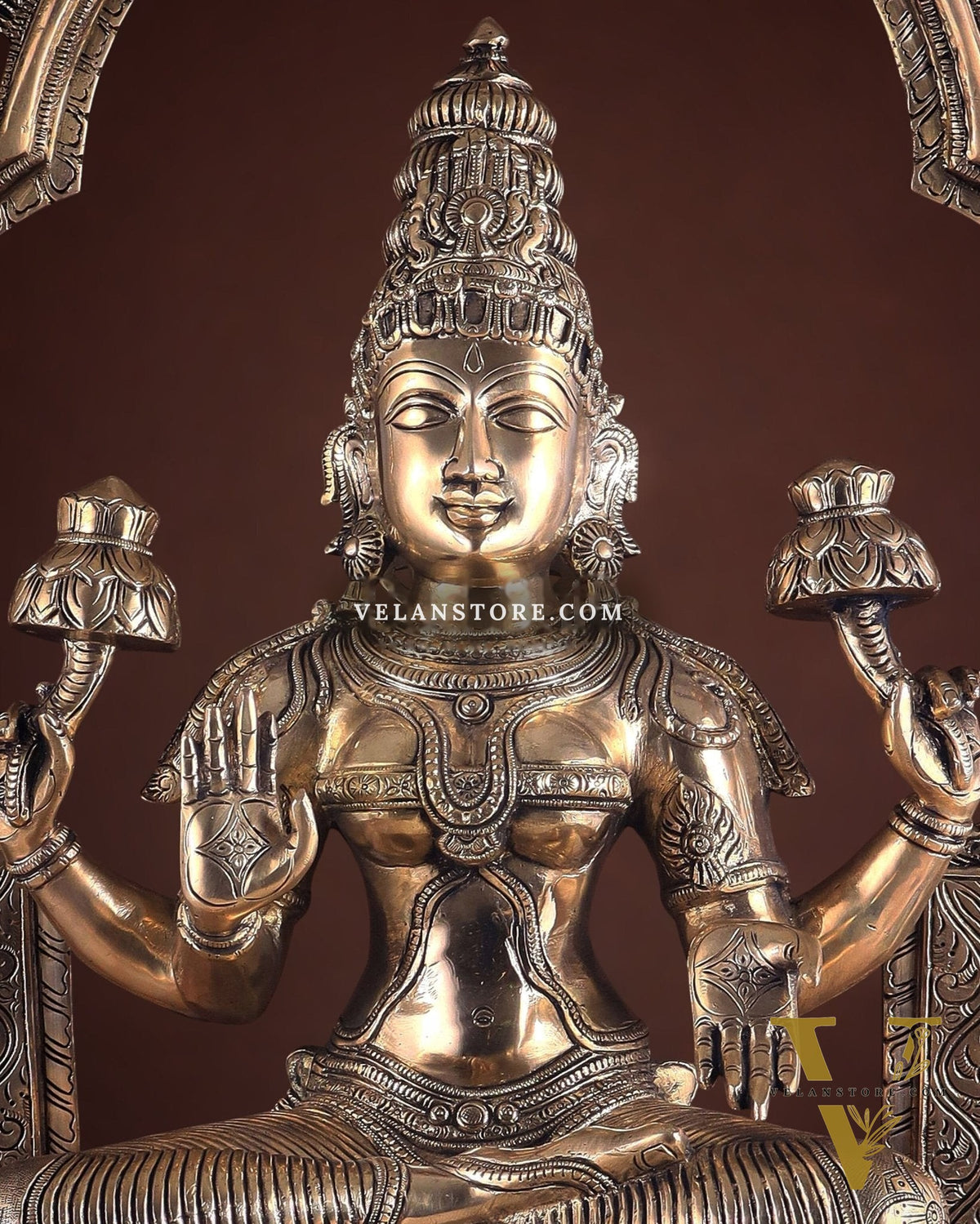 Pure Brass Large Goddess Lakshmi with Prabhavali Statue 32.5"