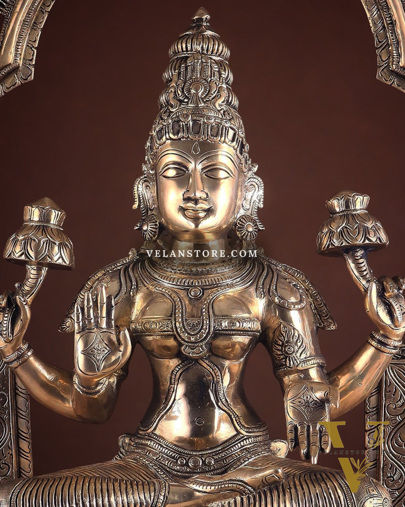Pure Brass Large Goddess Lakshmi with Prabhavali Statue 32.5"