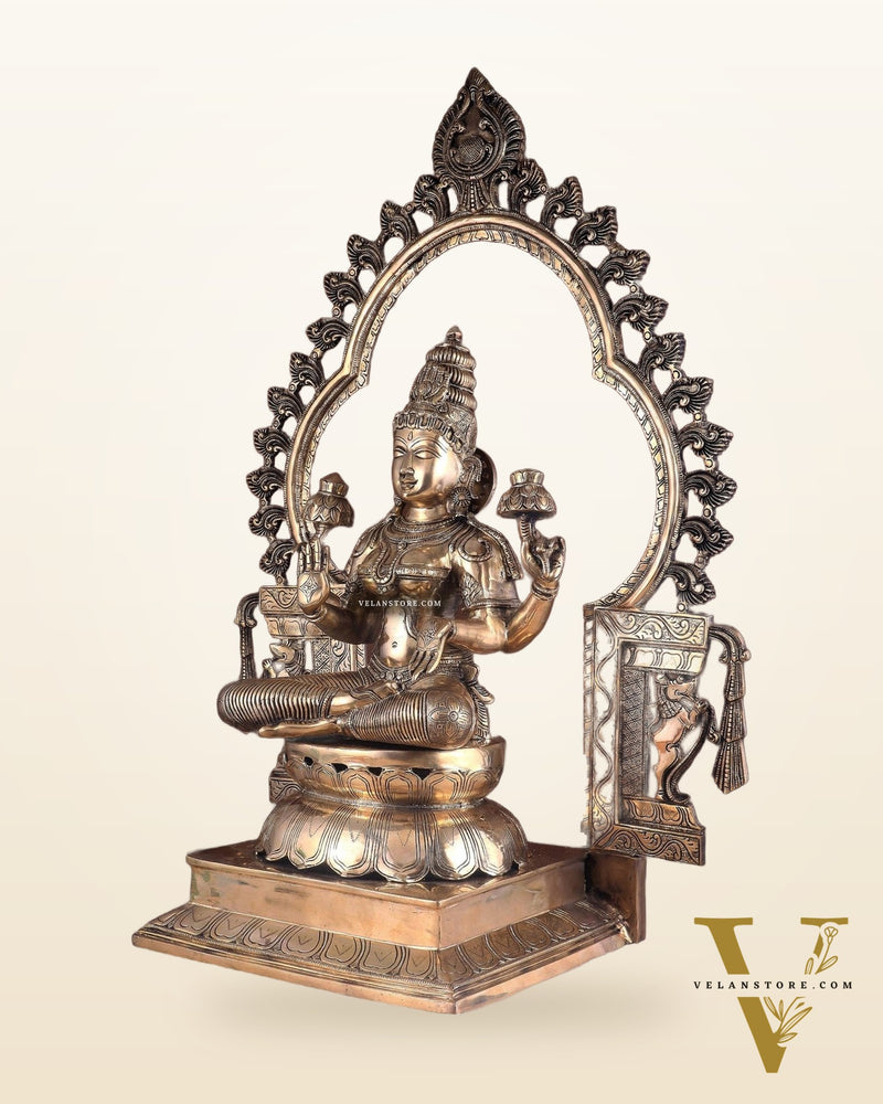 Pure Brass Large Goddess Lakshmi with Prabhavali Statue 32.5"