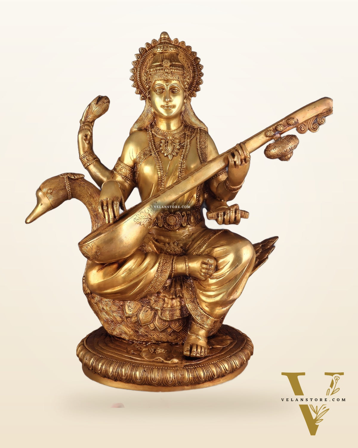 Pure Brass Large Goddess Saraswati Seated on Swan statue 24"