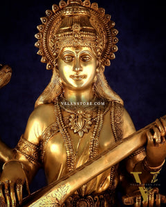 Pure Brass Large Goddess Saraswati Seated on Swan statue 24"