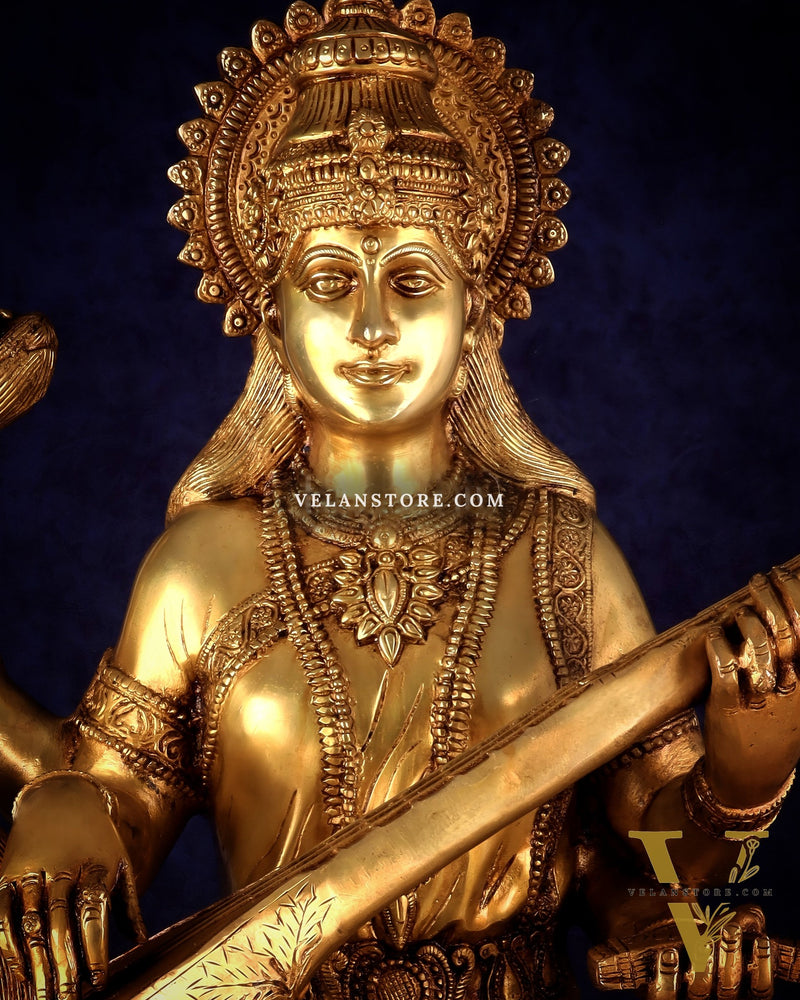 Pure Brass Large Goddess Saraswati Seated on Swan statue 24"