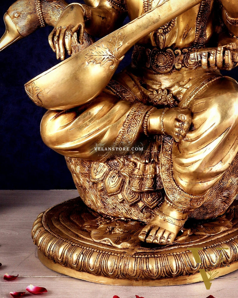 Pure Brass Large Goddess Saraswati Seated on Swan statue 24"