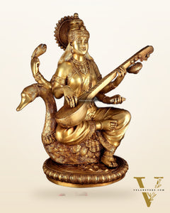 Pure Brass Large Goddess Saraswati Seated on Swan statue 24"
