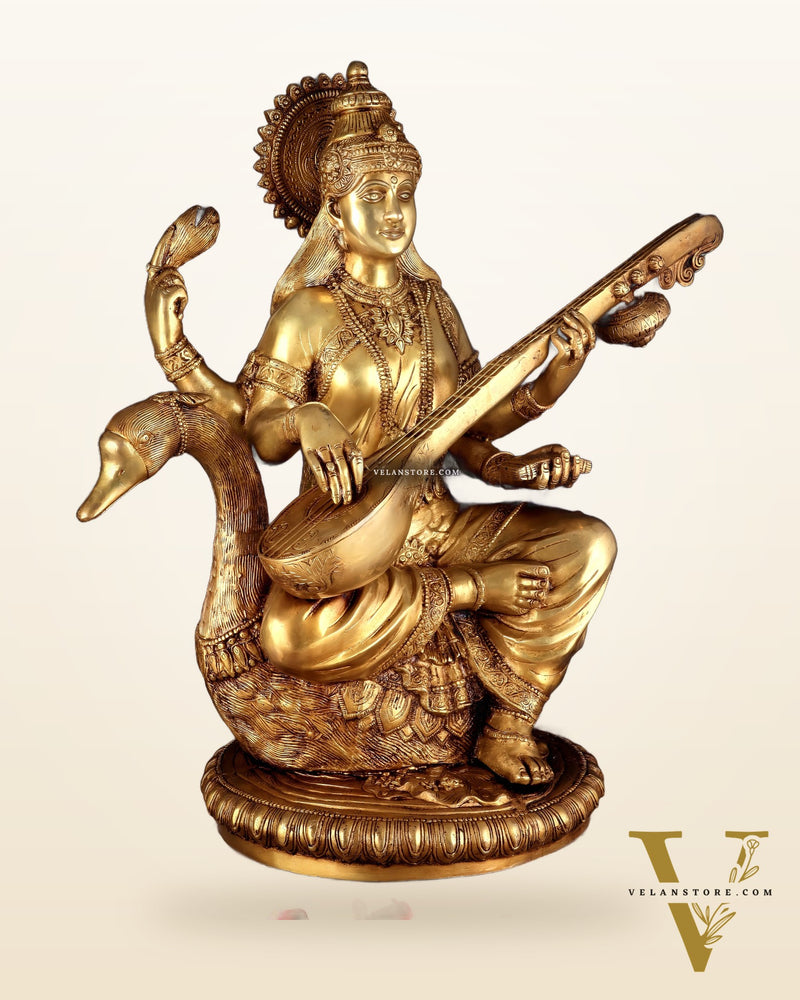 Pure Brass Large Goddess Saraswati Seated on Swan statue 24"
